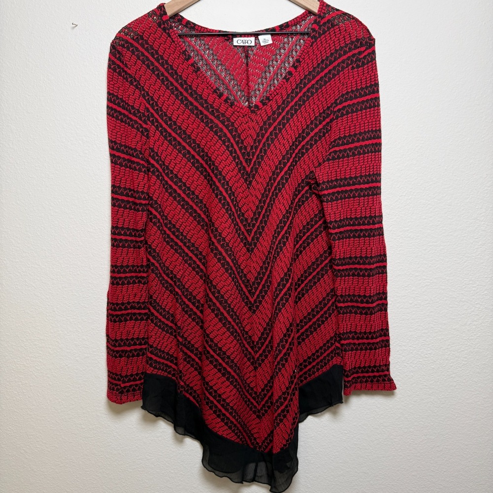 Cato Whimsigoth Sheer Tunic Top XL Red‎ Knit Chevron Mixed Media Chiffon Fairy